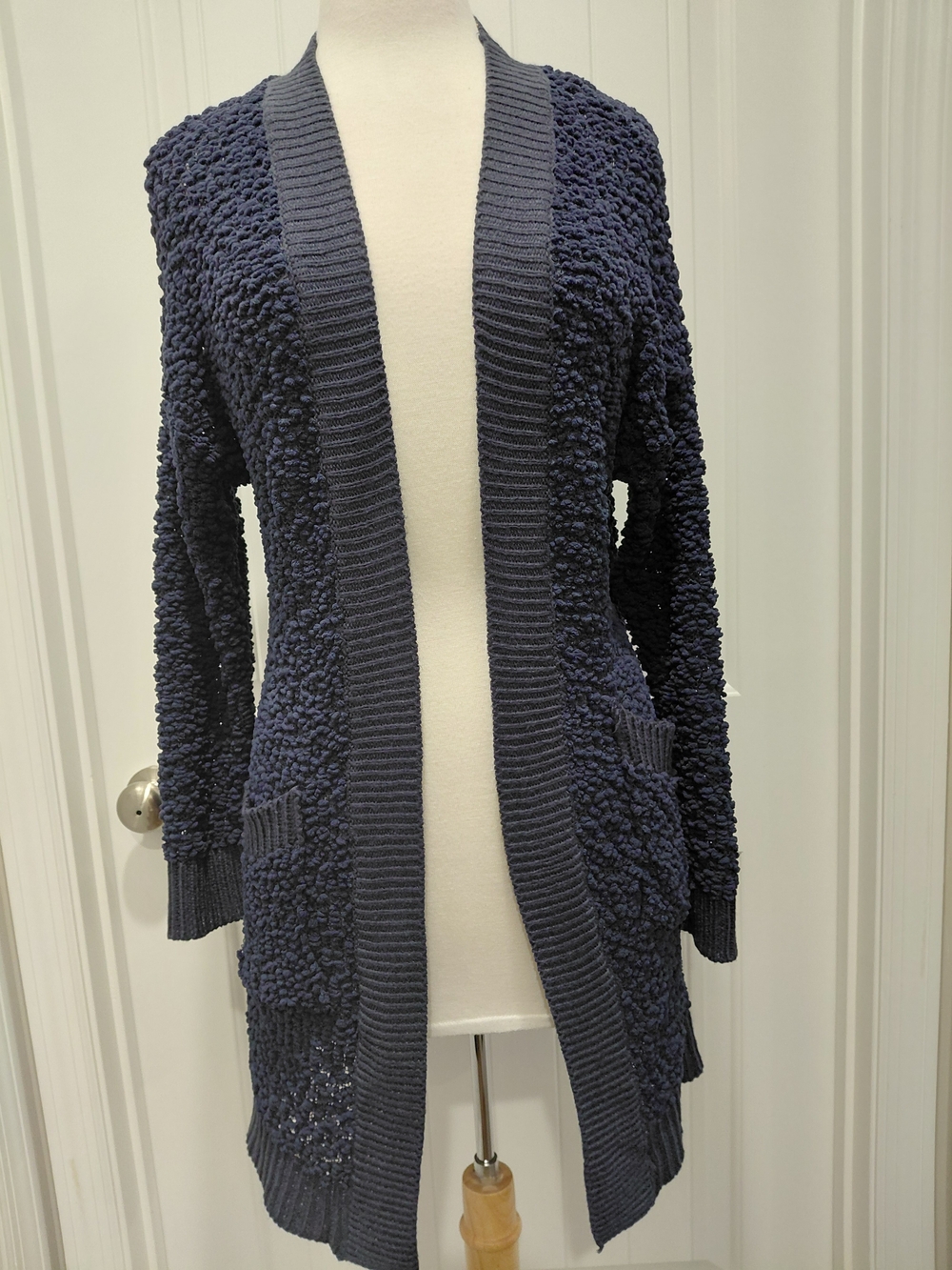 Say What? Navy Popcorn Knit Open Cardigan with Pockets